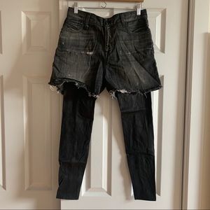 R13 black shredded short chaps w/leather legging